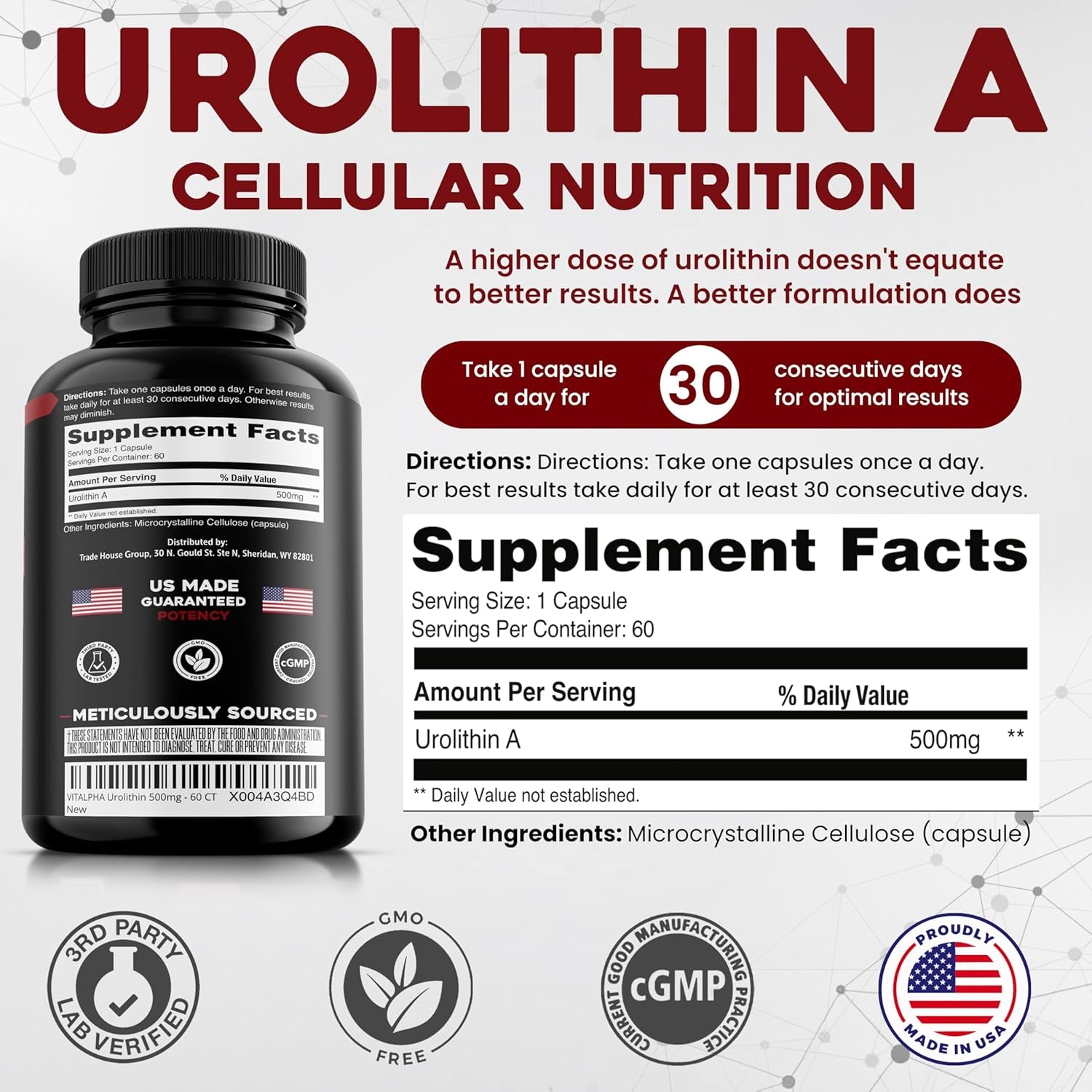 Anti-Aging Urolithin a Supplement - Pure & Powerful Antioxidant Protection Mitochondrial Supplements - Natural Energy Boost - Mitochondrial Health & Cell Repair Support for Men & Women - 60 Caps